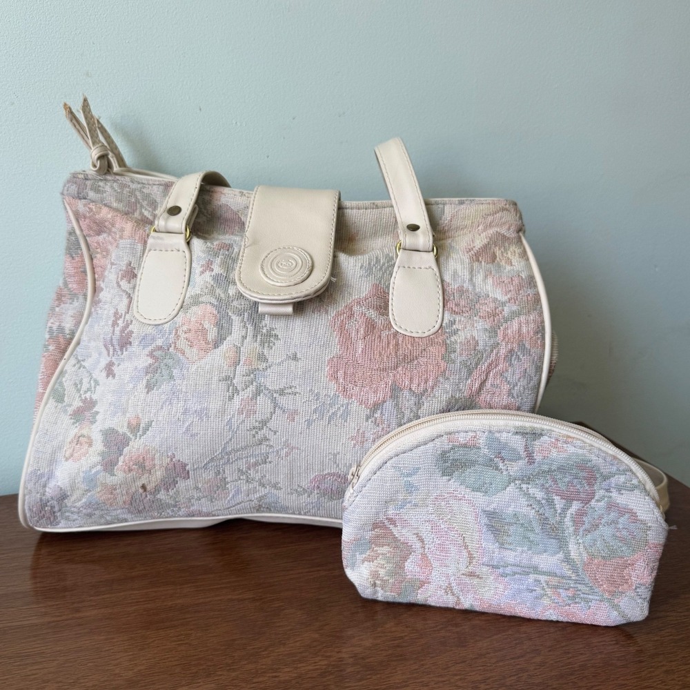 70's Vintage Floral Tapestry Handbag & Matching Cosmetic Bag Cottage Victorian